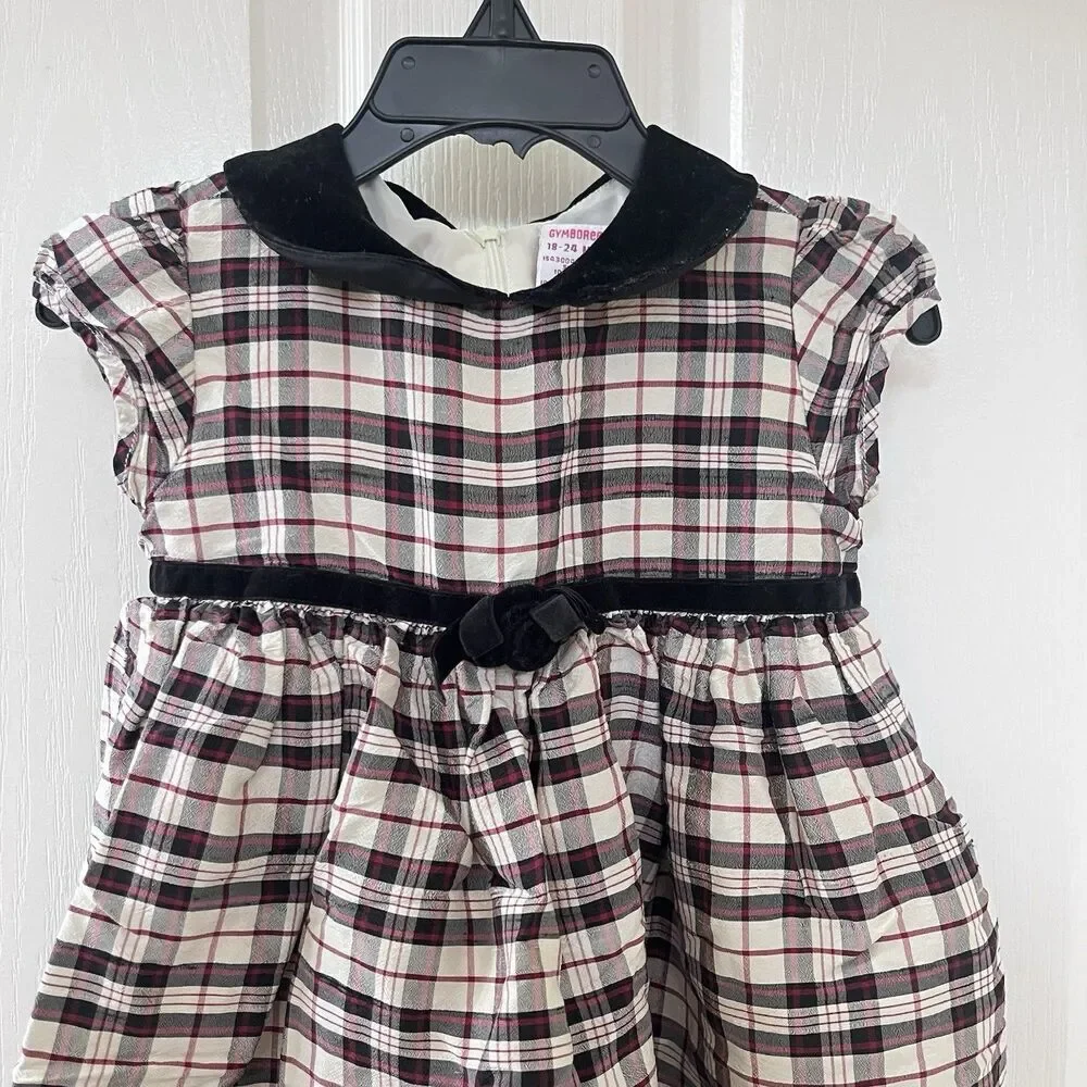 Vintage Gymboree Plaid Silk Dress Velvet Peter Pan Collar Girls SZ 18-24 Months